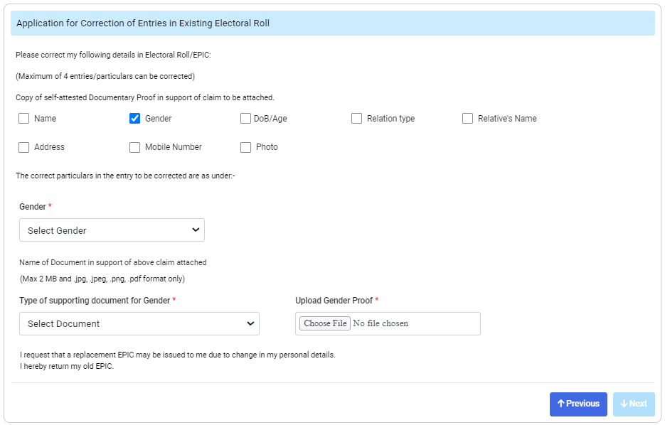 How to Change Gender in Voter ID Card Online