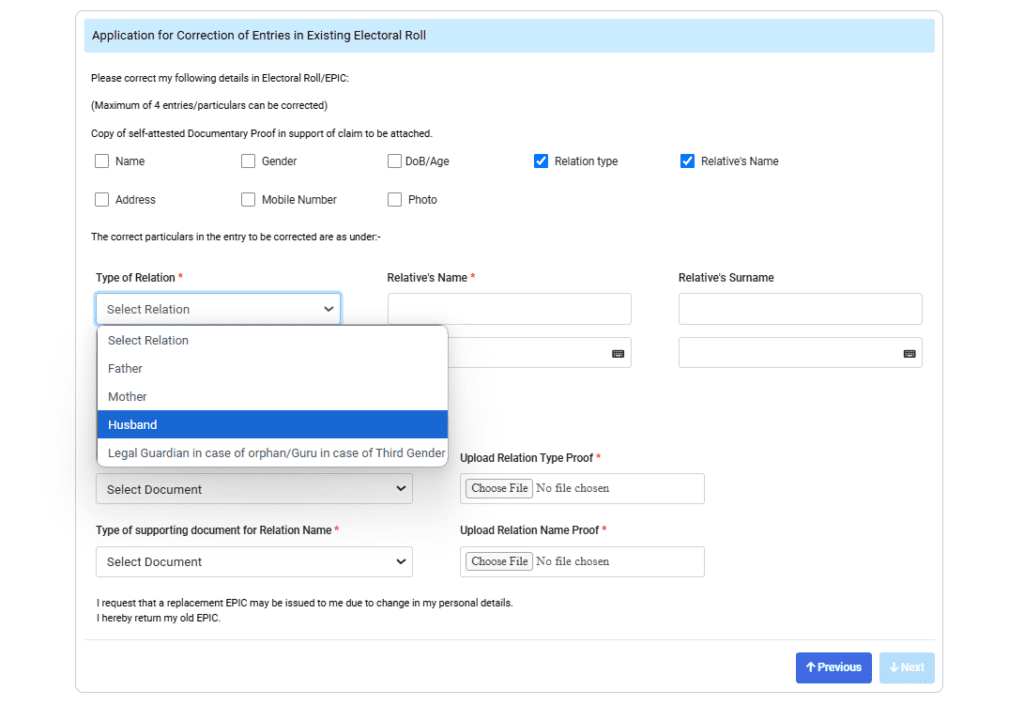 How to add husband name in voter ID card online